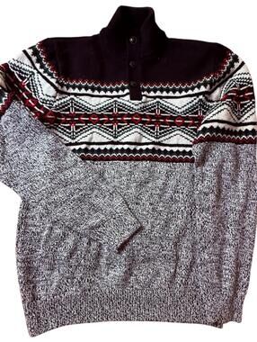 Chaps Fair Isle Quarter Button Knit Sweater Black Red Gray Cotton M